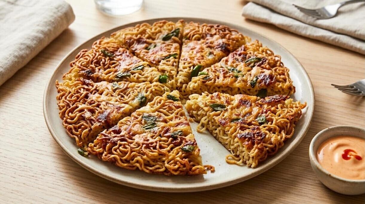 Golden crispy ramen pancake cut into wedges