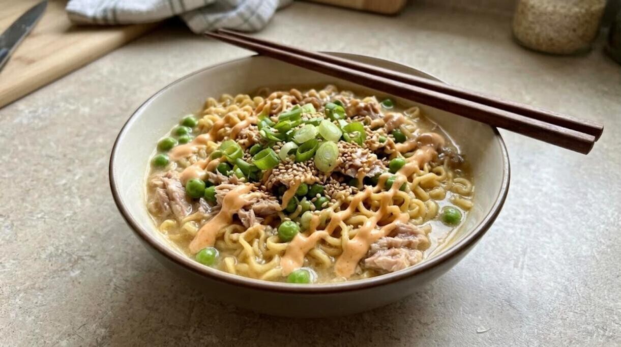 Noodle bowl with tuna, peas and a spicy mayo drizzle