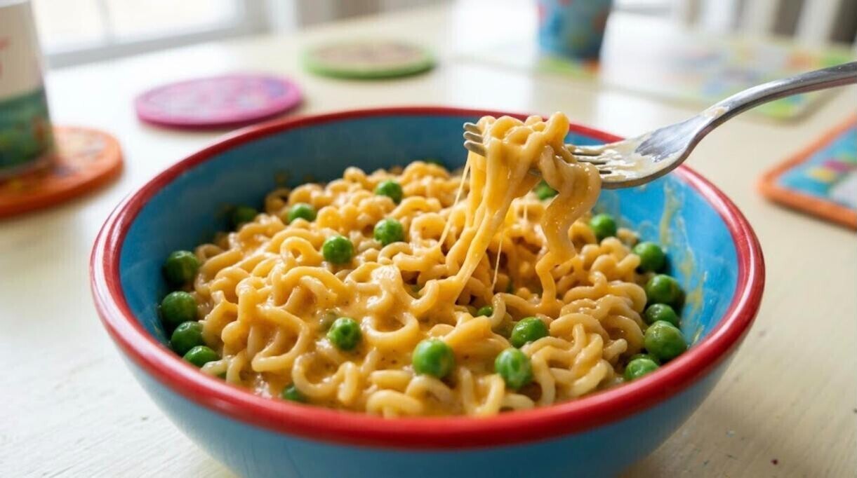 Creamy cheddar noodles in a bowl with peas
