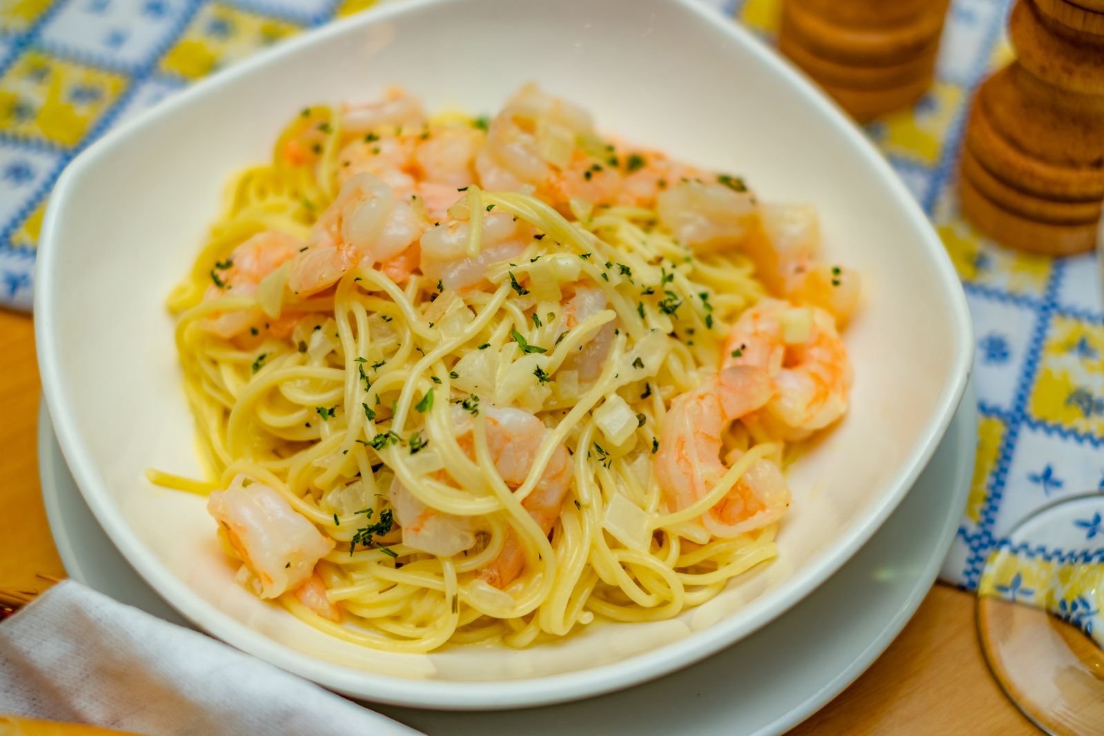 Garlic butter shrimp pasta with herbs