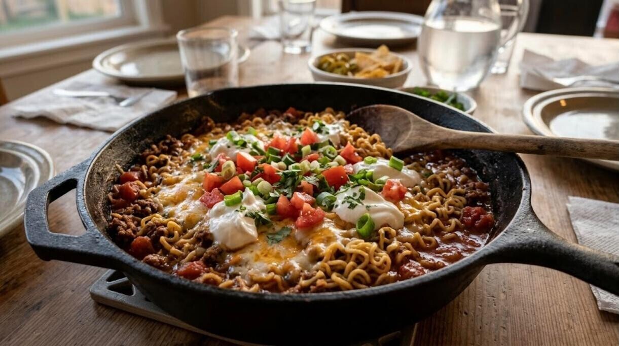 Cheesy beef and noodle skillet with salsa and sour cream