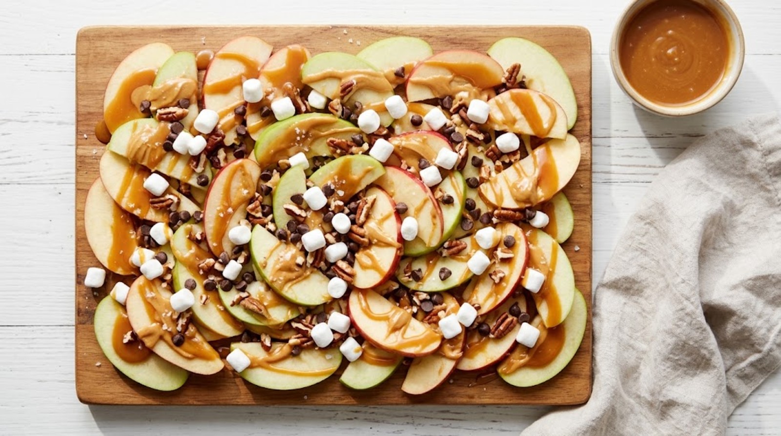 Caramel apple nachos with marshmallows and pecans