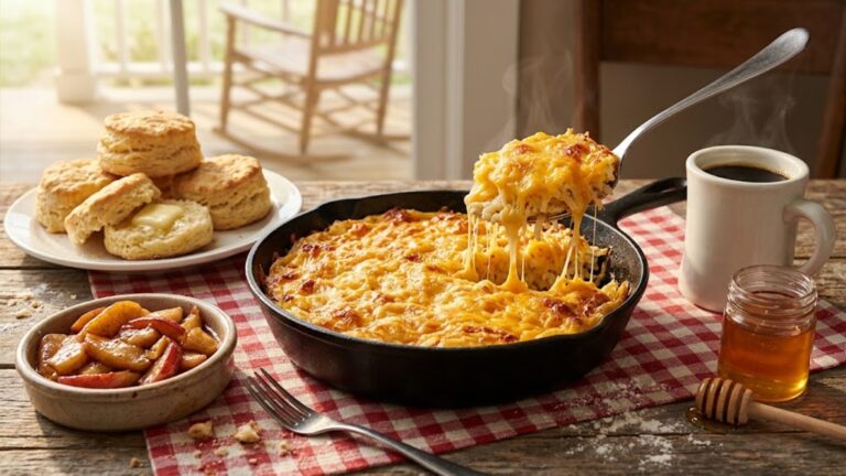 Hashbrown casserole in a cast iron skillet with biscuits and fried apples