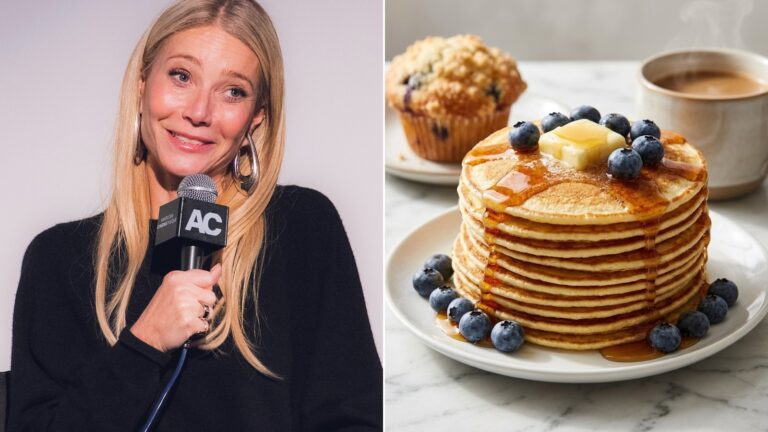 Gwyneth Paltrow next to a stack of blueberry pancakes