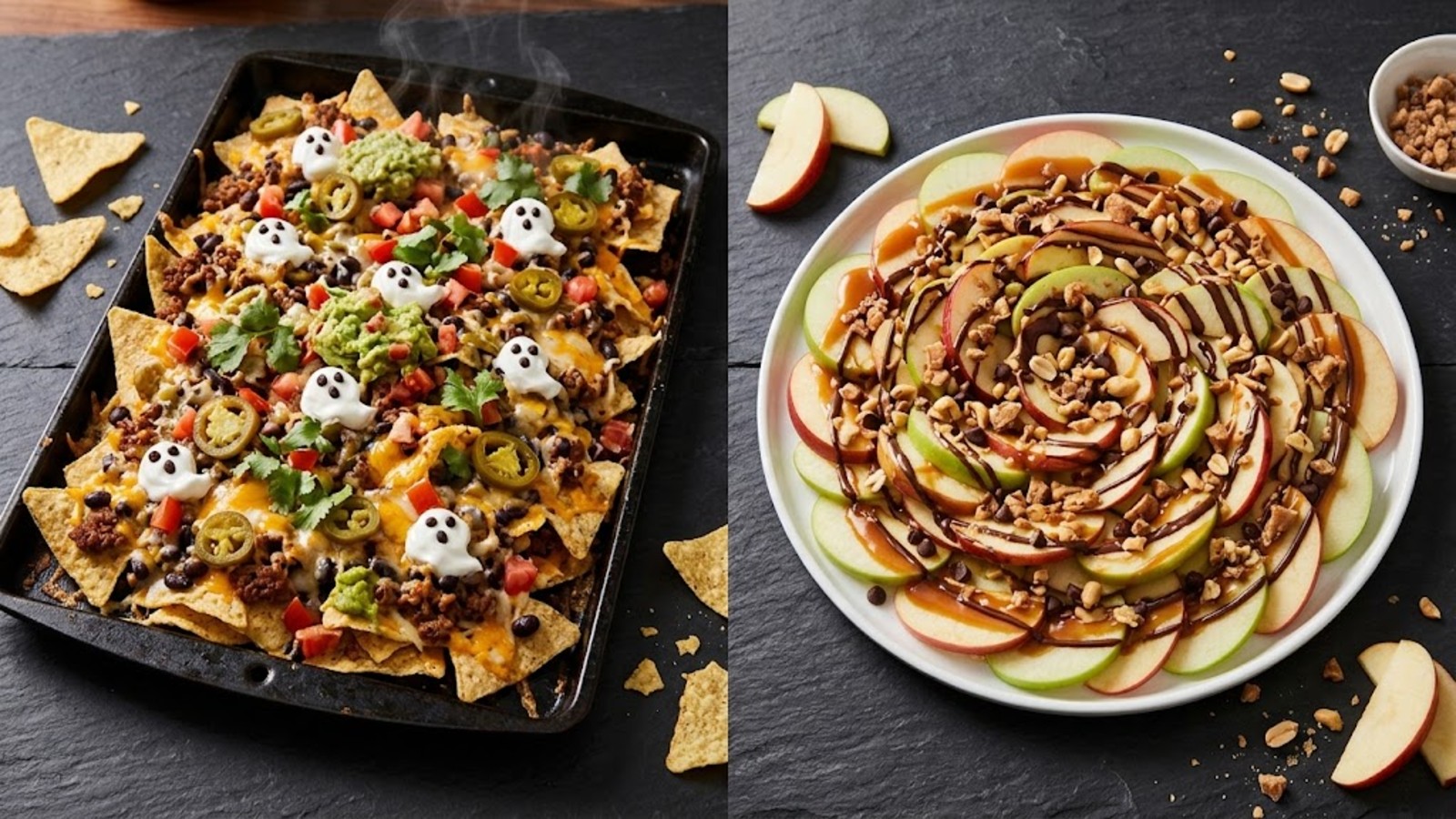 Halloween sheet pan nachos next to caramel apple nachos