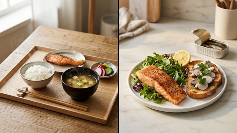 Japanese grilled salmon breakfast tray next to a salmon and sardine toast plate