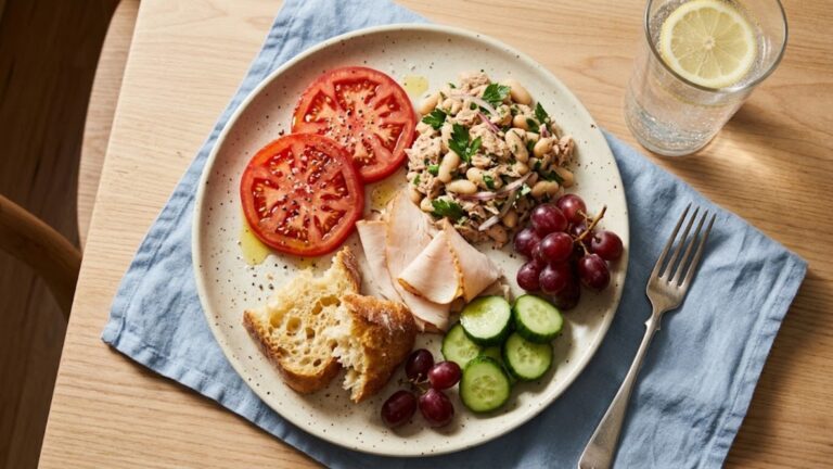 No-cook dinner plate with tomatoes, white bean tuna salad, turkey, grapes and bread