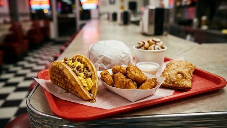 Retro fast food tray with a waffle breakfast taco, onion nuggets and a fried hand pie