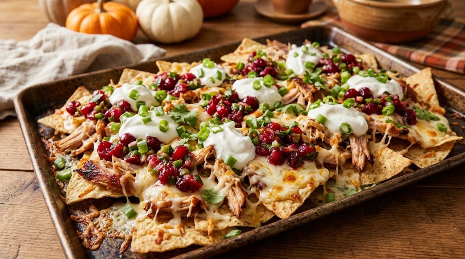 Thanksgiving leftover sheet pan nachos with turkey and cranberry salsa