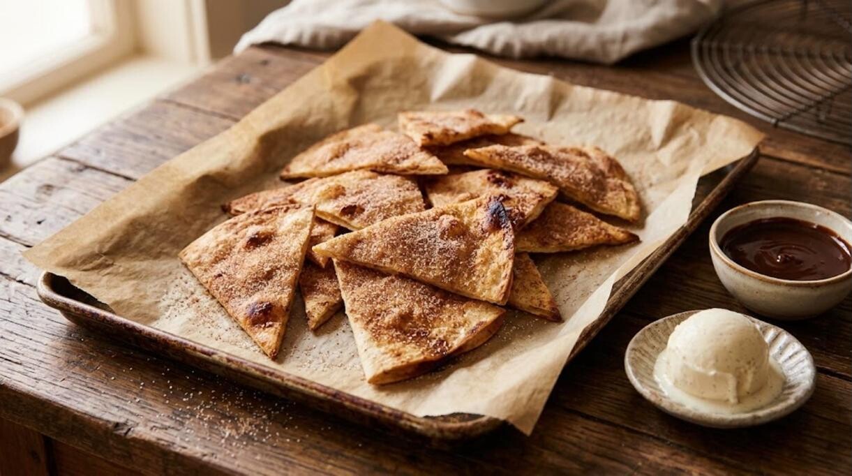 Cinnamon sugar crisps with a bowl of chocolate dip