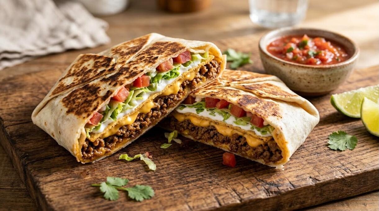 Homemade crunch wrap cut in half showing beef, lettuce and a crispy shell