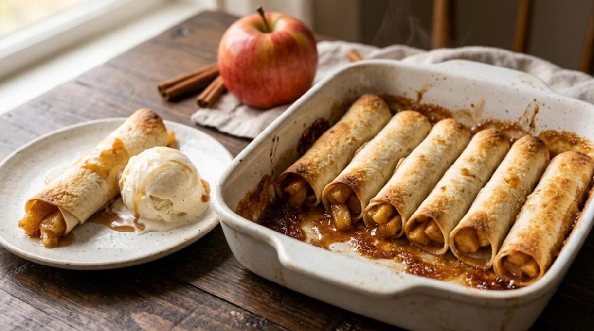 Baked apple pie roll-ups in a dish with caramel sauce