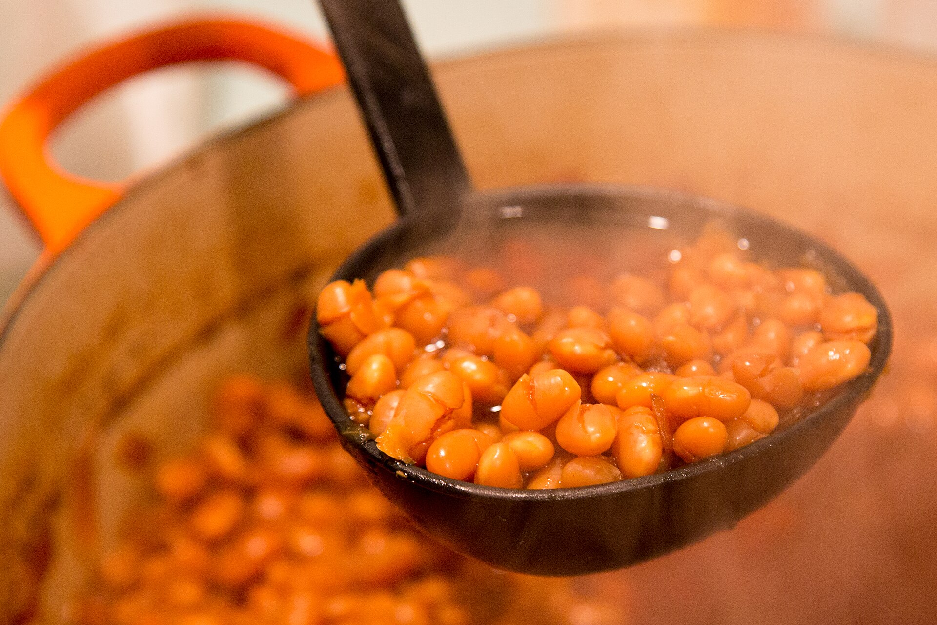 A ladle of Boston baked beans in molasses sauce