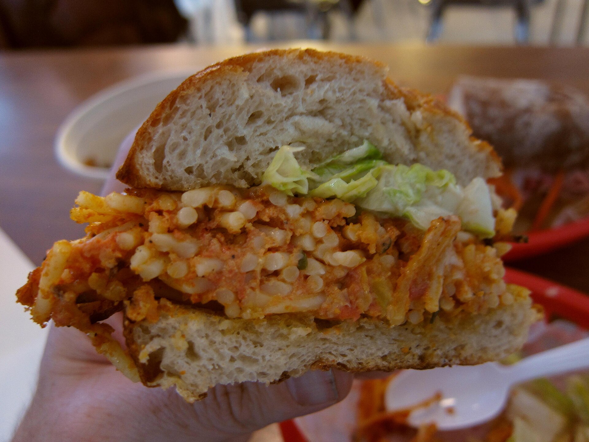 A spaghetti sandwich, one of the strangest food combinations