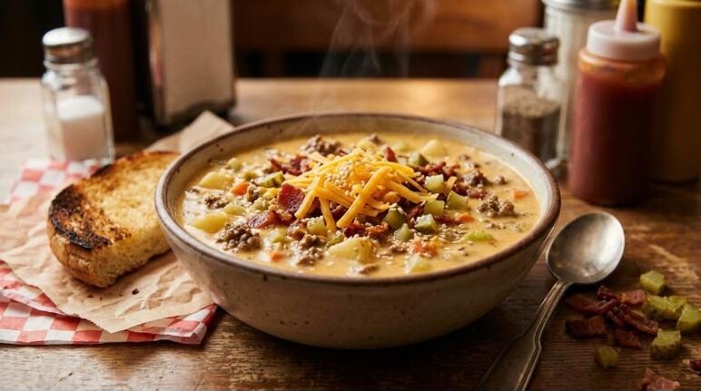 Viral soups: cheeseburger soup topped with cheddar and bacon