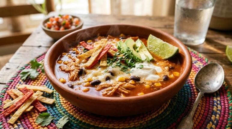 Chicken enchilada bowl with tortilla strips, avocado and lime