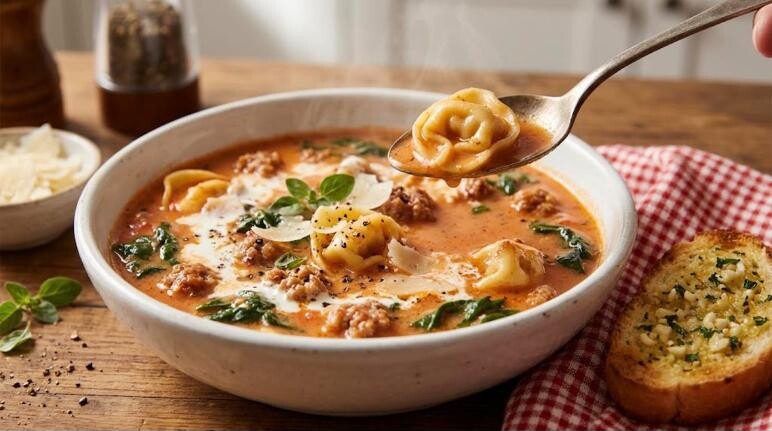 Viral soups: creamy sausage tortellini in tomato broth with spinach