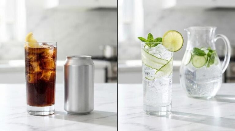 Diet drinks or water: a glass of diet cola next to sparkling water with cucumber