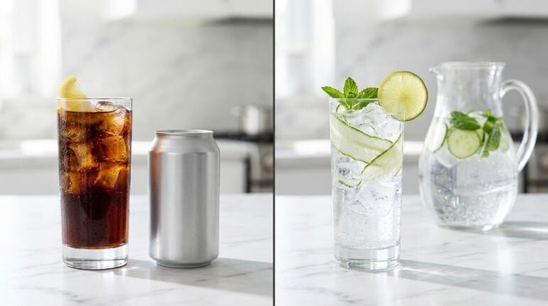 Diet drinks or water: a glass of diet cola next to sparkling water with cucumber