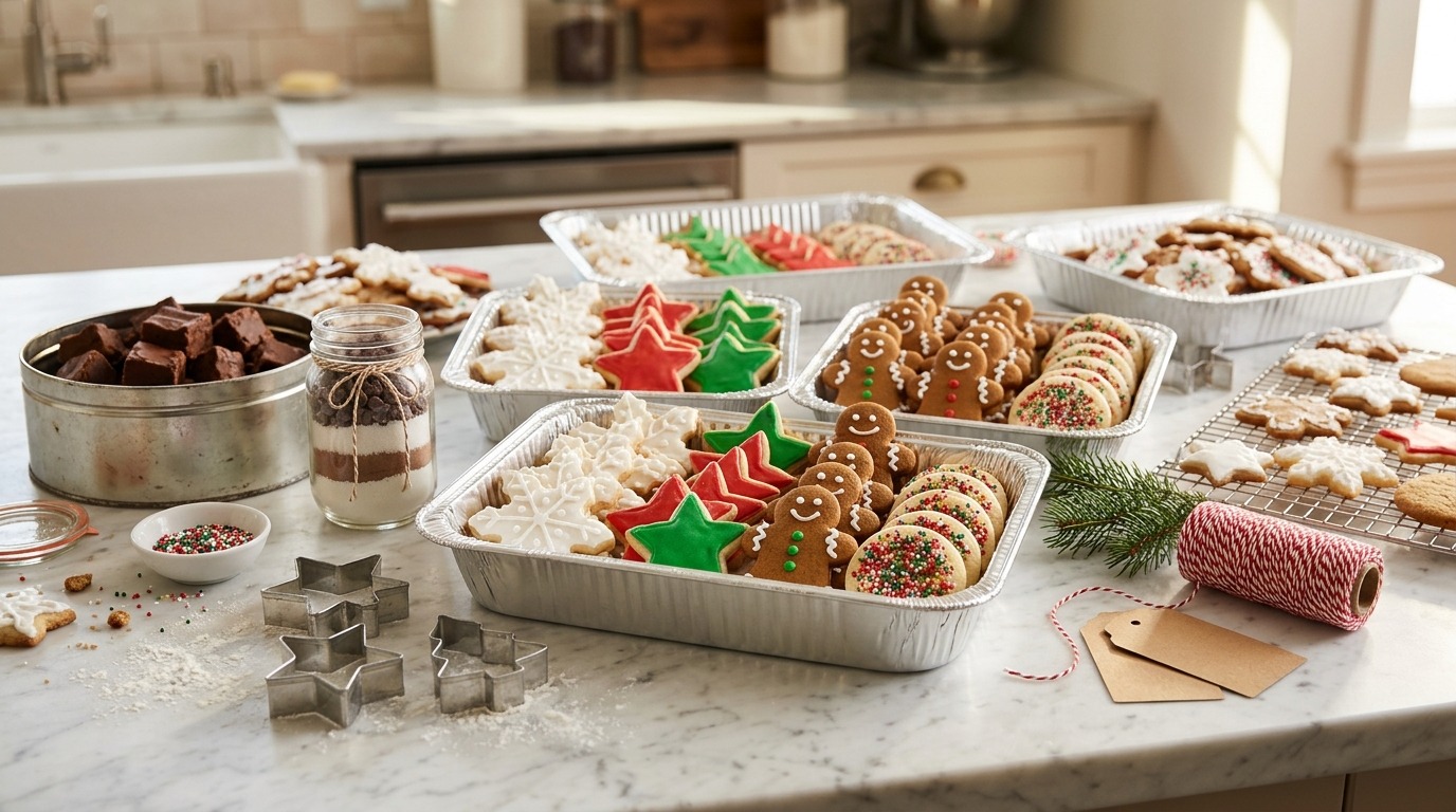 Dollar store baking hacks: foil pans filled with iced Christmas cookies on a marble counter