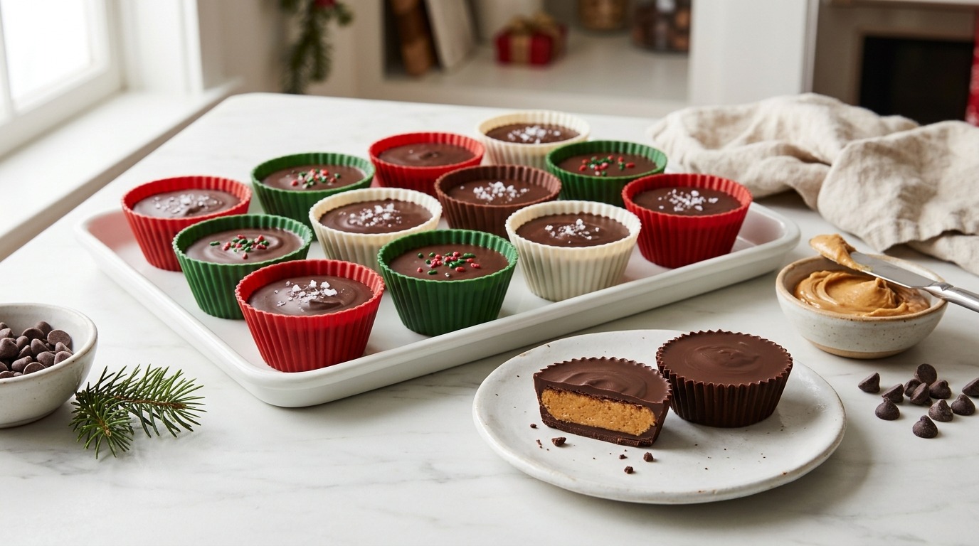 Chocolate peanut butter cups set in colorful silicone baking cups on a white tray