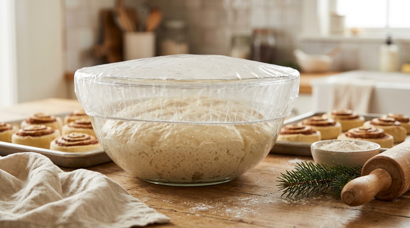 Dollar store baking hack: a shower cap covering a bowl of rising yeast dough