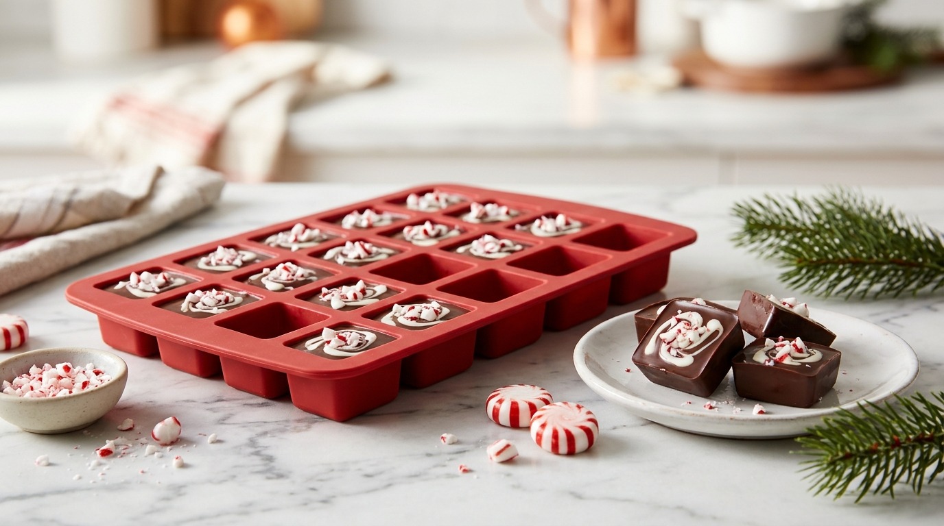 Peppermint chocolate squares in a red silicone ice cube tray with crushed candy canes