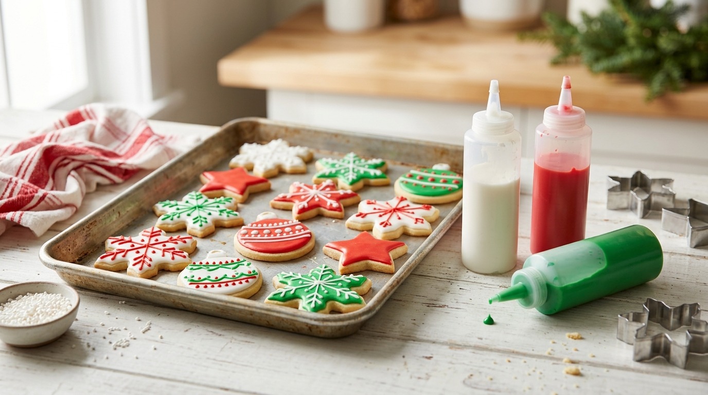 Royal icing in squeeze bottles next to a sheet pan of decorated sugar cookies