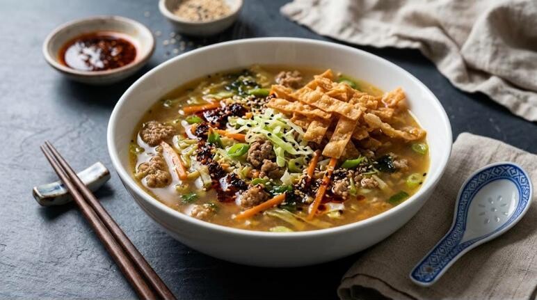 Viral soups: egg roll soup with pork, cabbage and wonton strips