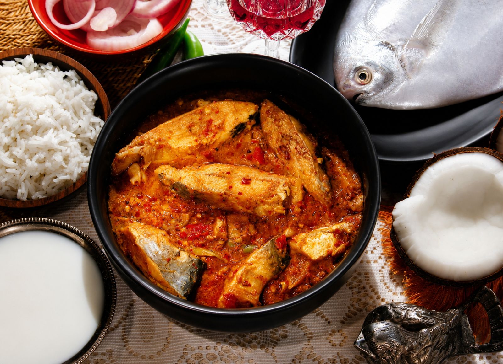 A tomato fish curry with rice, a canned fish dinner idea