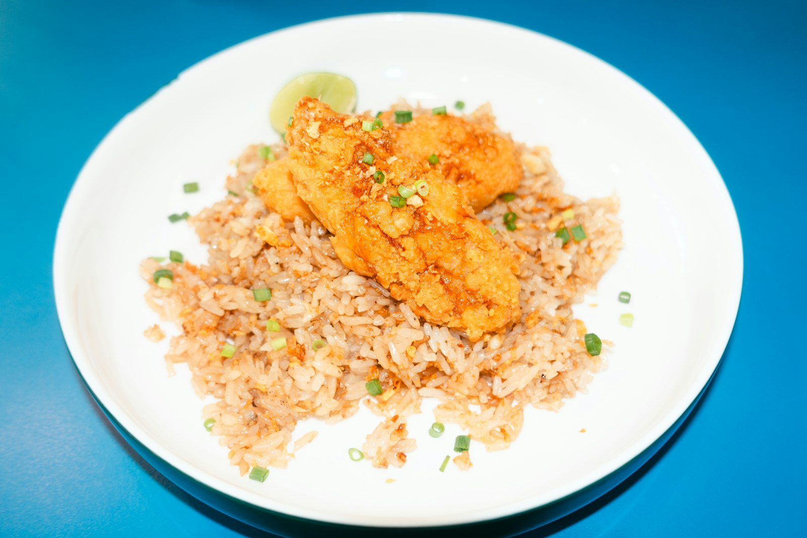 A plate of salmon fried rice with vegetables
