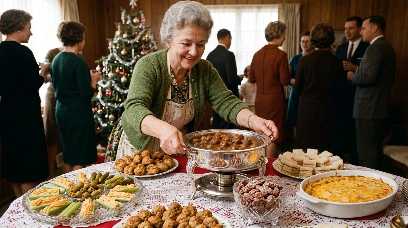 Grandma celebration appetizers buffet with Swedish meatballs in a chafing dish, sausage balls and a relish tray