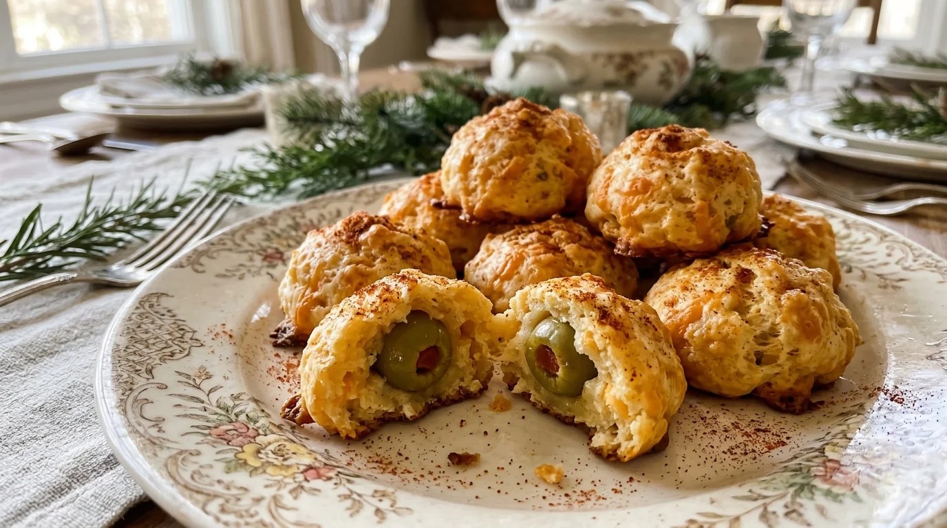 Golden olive cheese puffs, one broken open to show the green olive inside