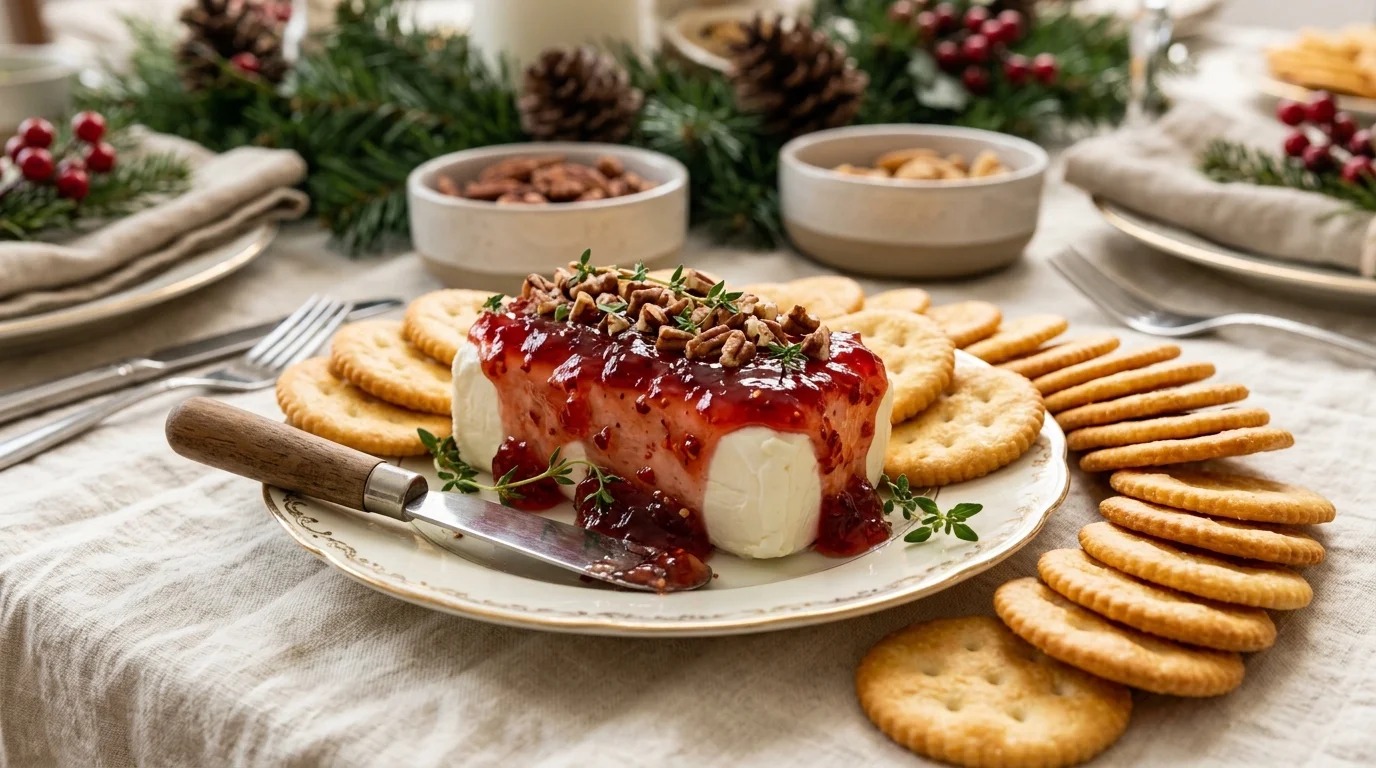 Red pepper jelly poured over a block of cream cheese with crackers