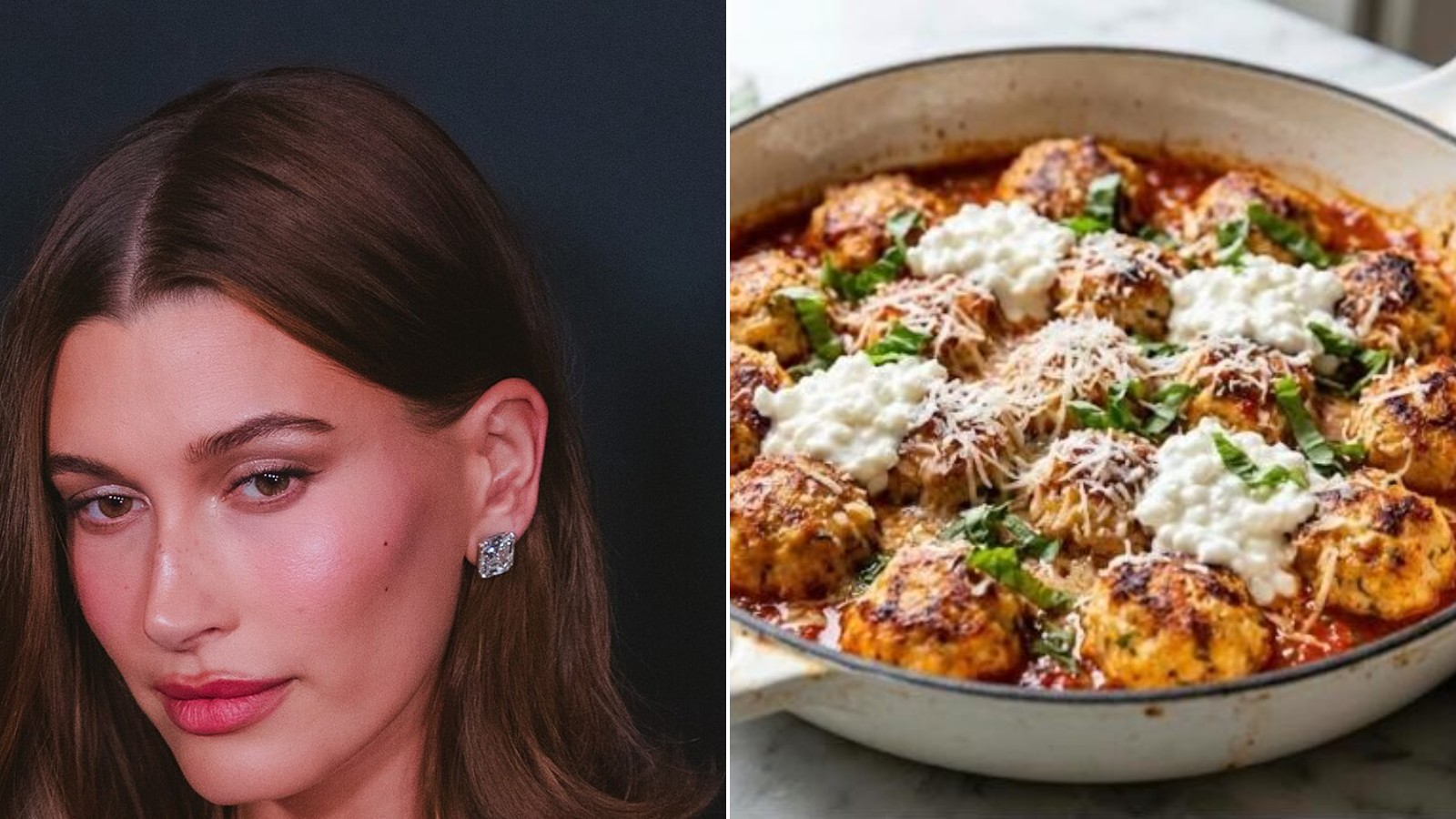 Hailey Bieber chicken meatballs: Hailey Bieber next to a skillet of meatballs in marinara