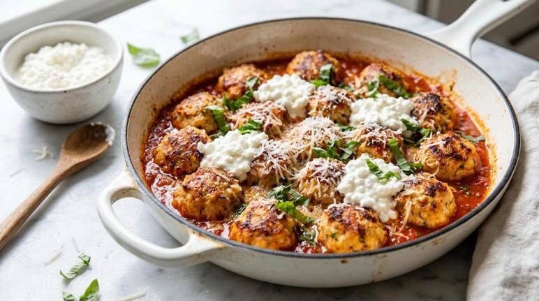 A skillet of chicken meatballs in marinara topped with cottage cheese, Parmesan and basil