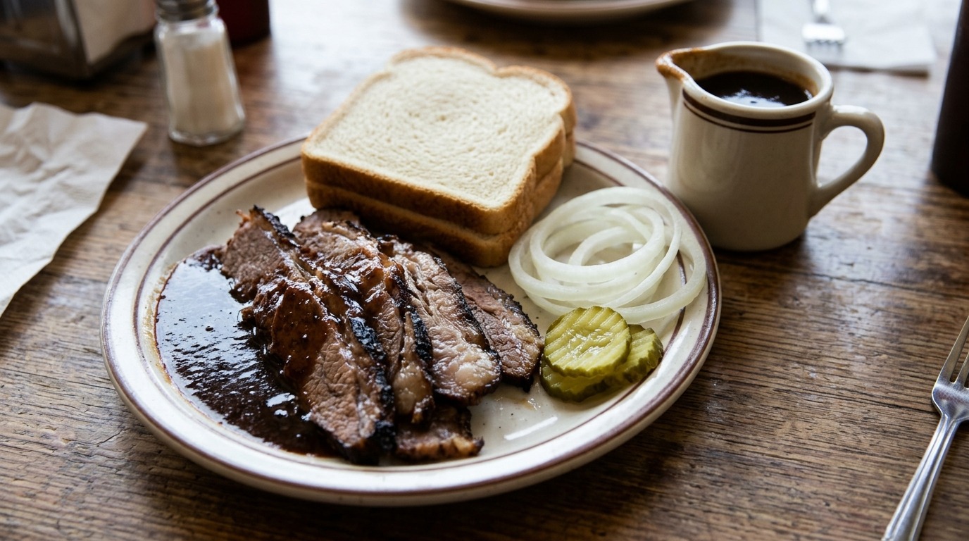 Sliced smoked mutton with Kentucky black dip homemade BBQ sauce, bread, onions and pickles