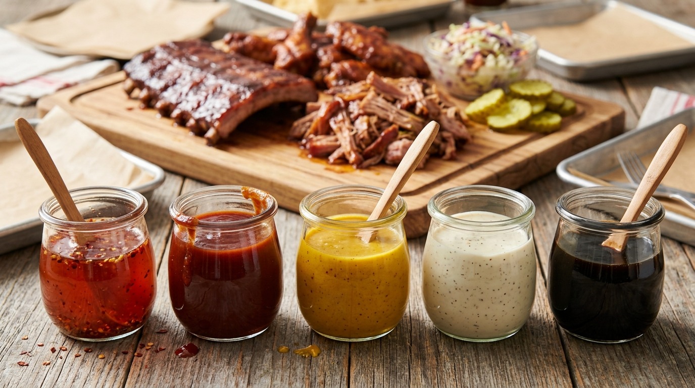 Homemade BBQ sauce bar with five jars of red, brown, gold, white and black sauces beside ribs and pulled pork