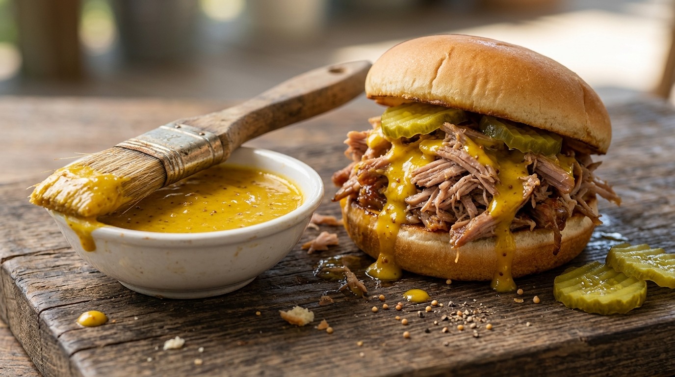 Golden mustard homemade BBQ sauce in a bowl with a basting brush beside a pulled pork sandwich