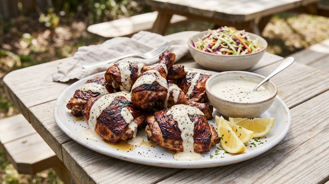 Smoked chicken pieces drizzled with creamy white barbecue sauce with lemon and coleslaw