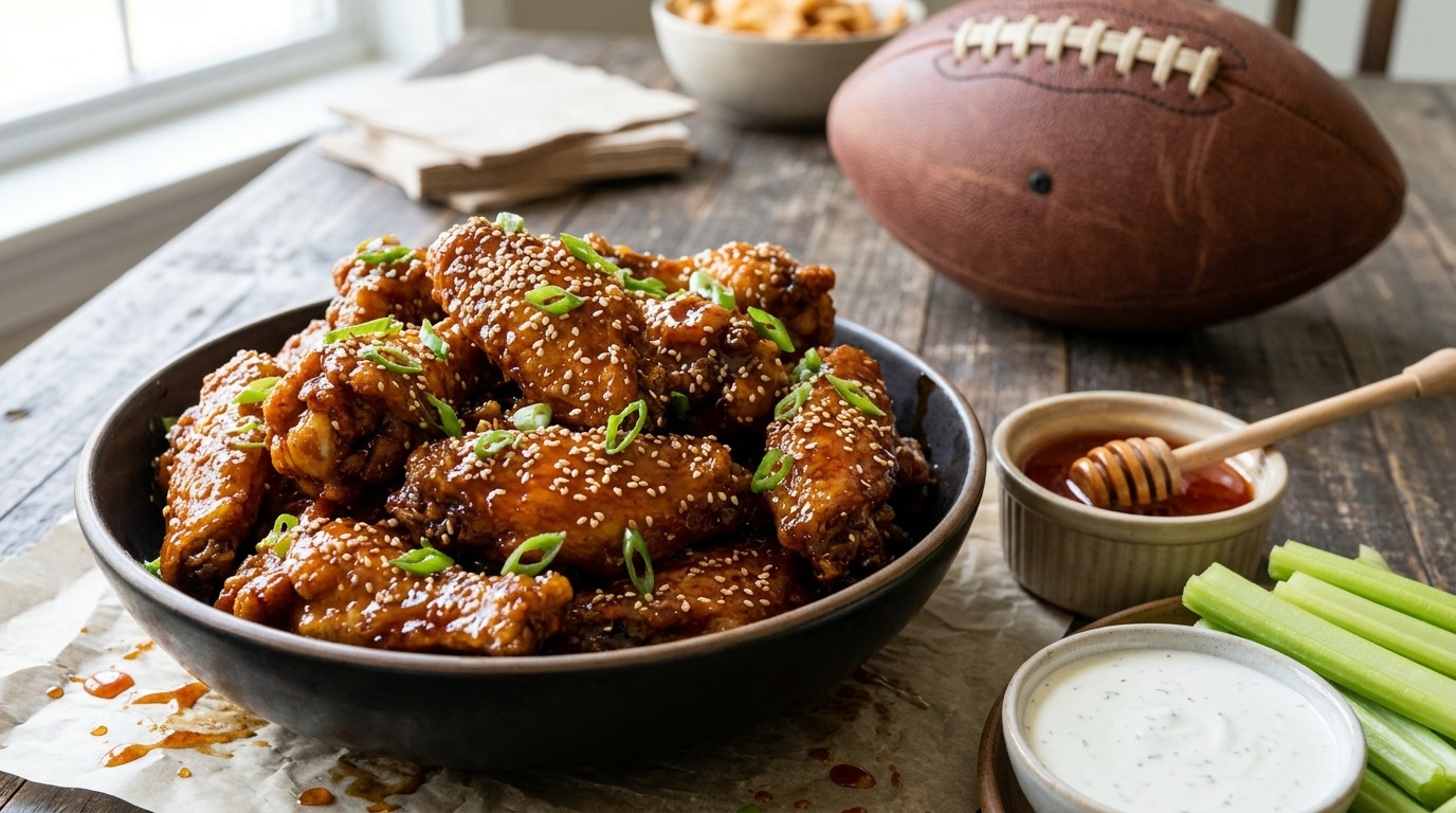 Bowl of sticky hot honey chipotle wings with green onions, celery and ranch beside a football