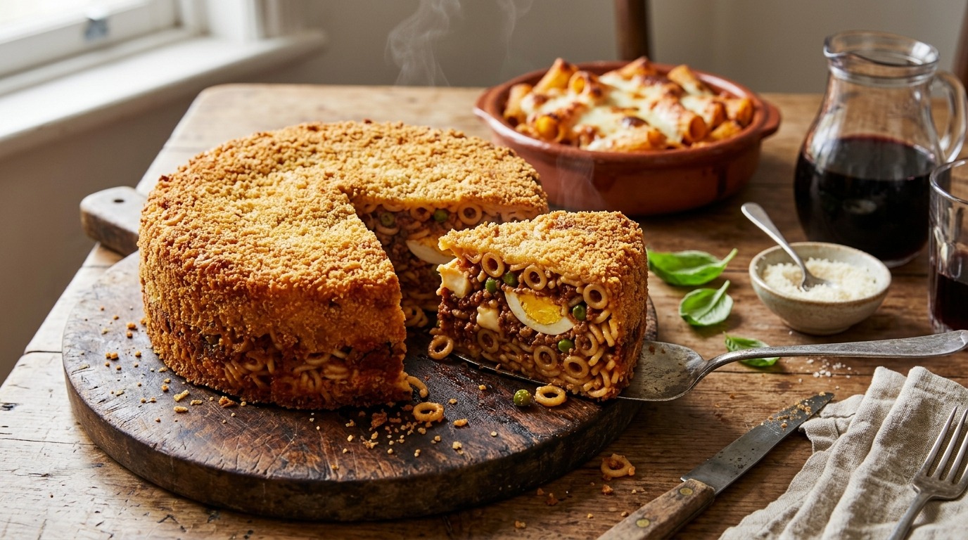 Italian baked pasta cake of ring-shaped anelletti with a wedge cut out showing ragu, peas, cheese and egg