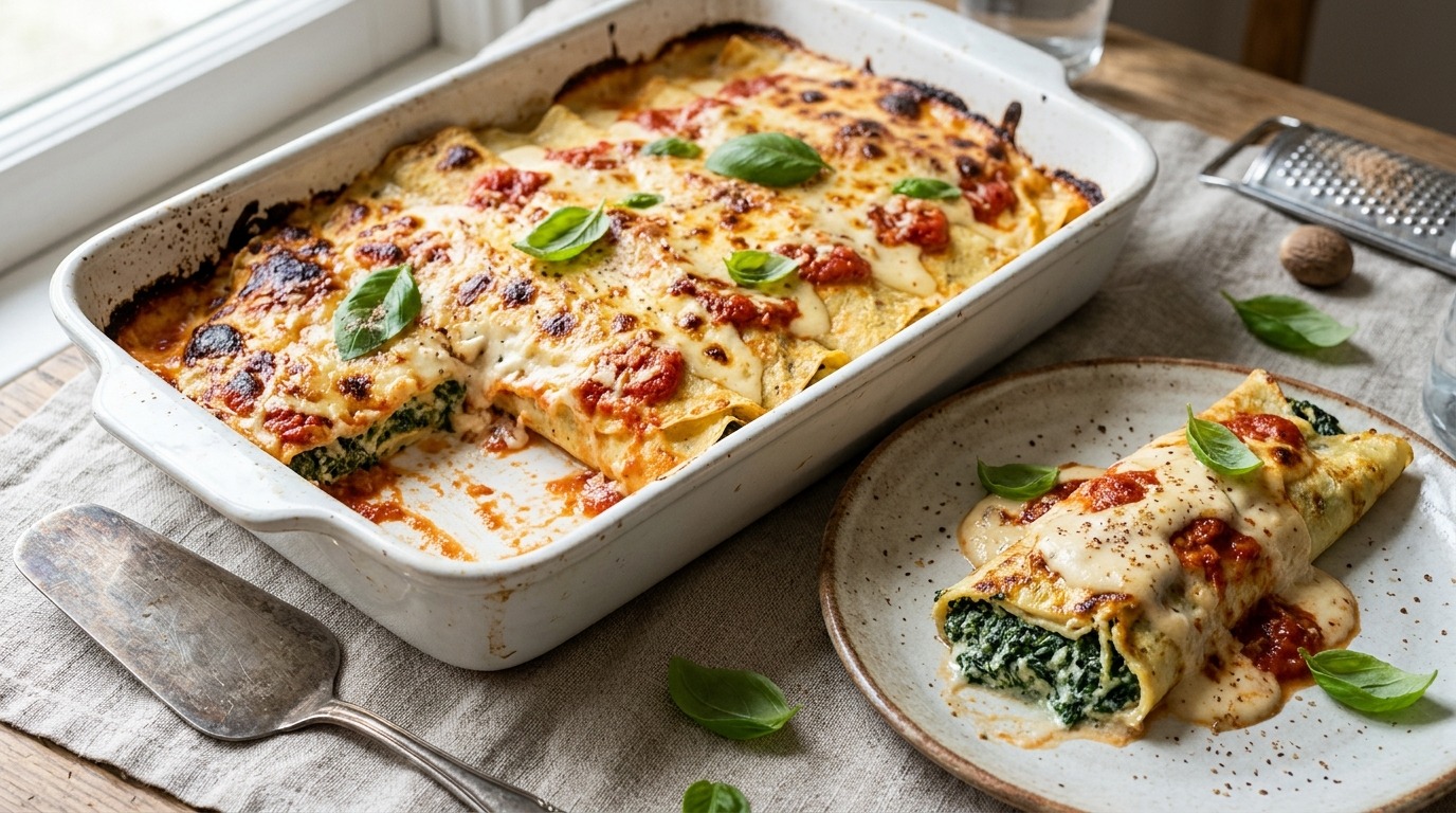 Florentine crepes filled with spinach and ricotta under bechamel and tomato