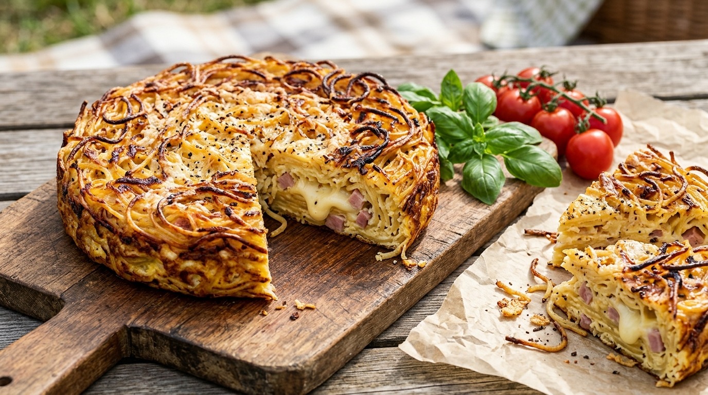 Thick golden spaghetti frittata cake with a wedge cut out on a wooden board