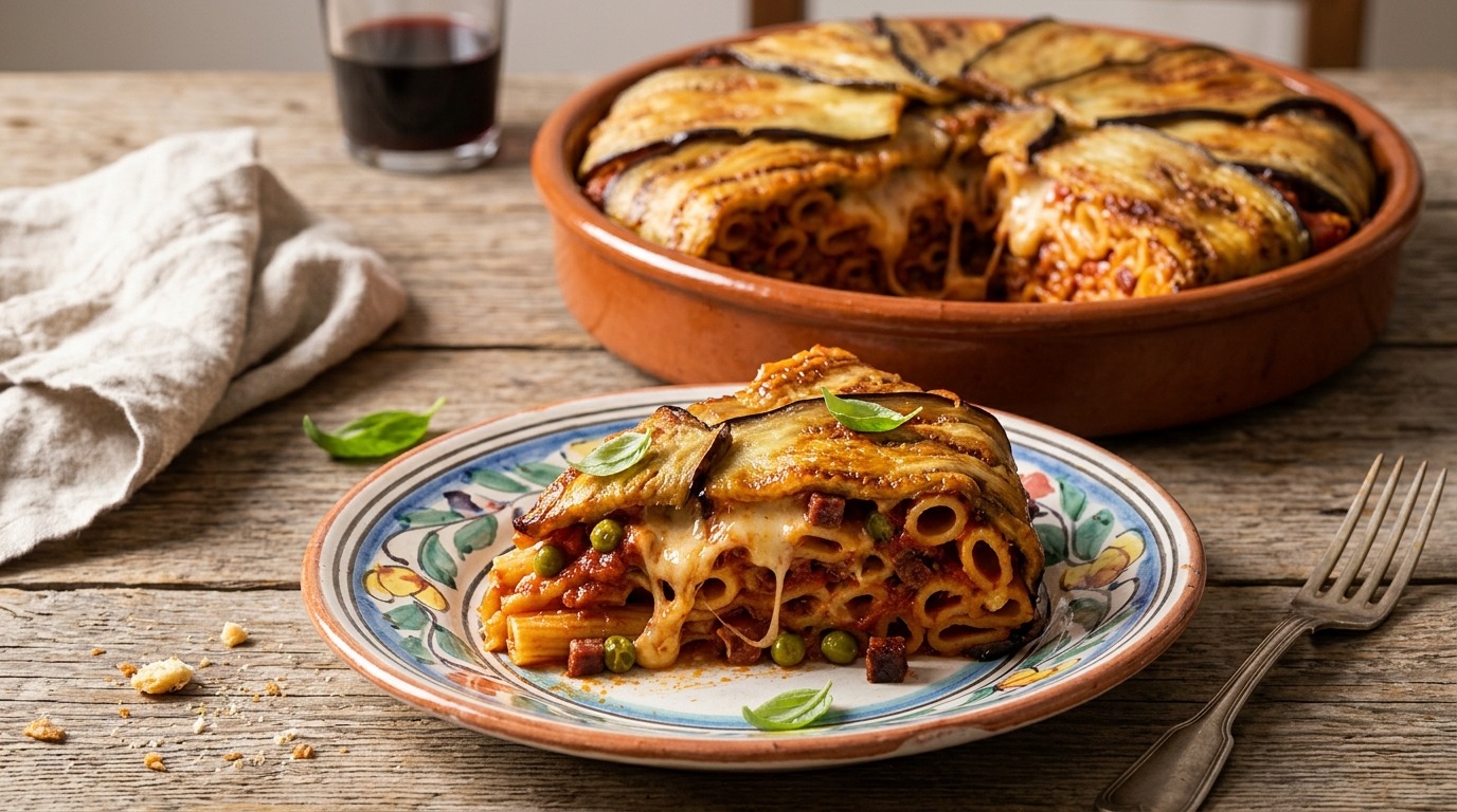 Italian baked pasta wrapped in fried eggplant with a slice on a Sicilian plate