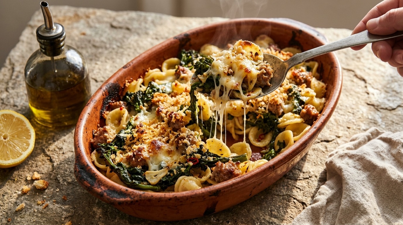 Baked orecchiette with broccoli rabe, sausage and breadcrumbs in a terracotta dish