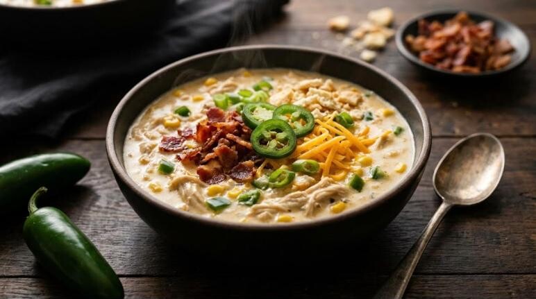 Jalapeno popper chicken chowder with bacon and cheddar