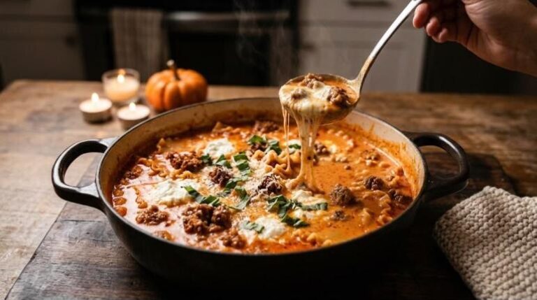 Cozy soups: lasagna soup in a Dutch oven with ricotta, basil and a cheese pull