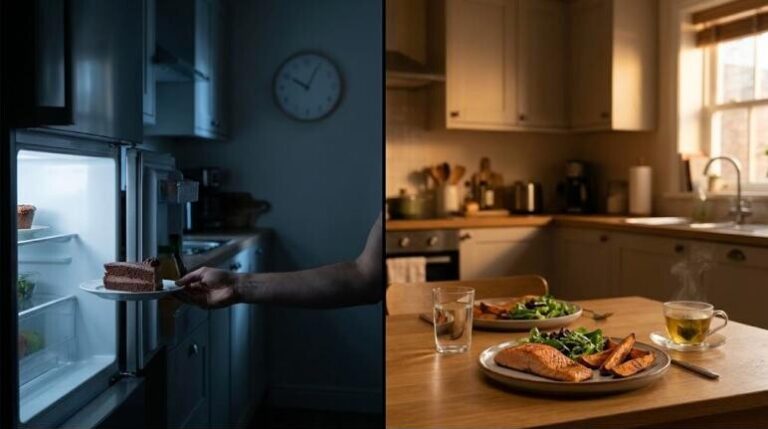 Late night eating versus an early dinner at home, side by side