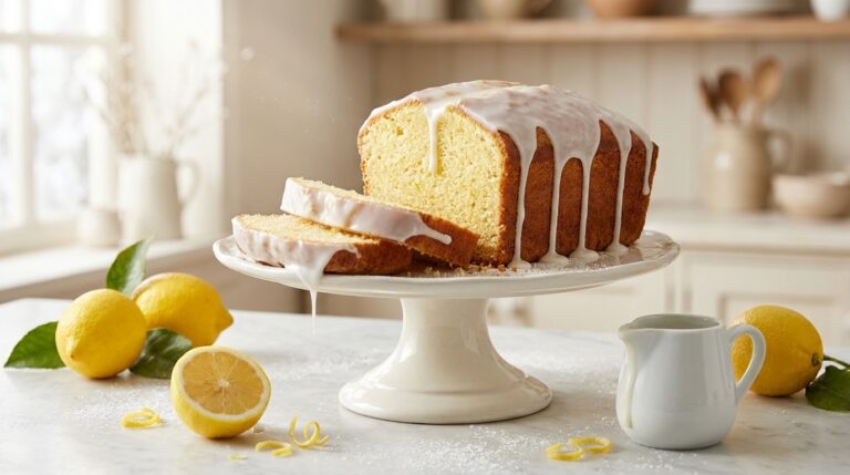 Glazed pound cake with thick white icing dripping down the sides on a vintage cake stand